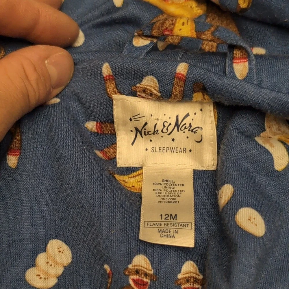 Nick & Nora Sock Monkey Banana Fleece Robe Hooded Blue 12M Baby Toddler